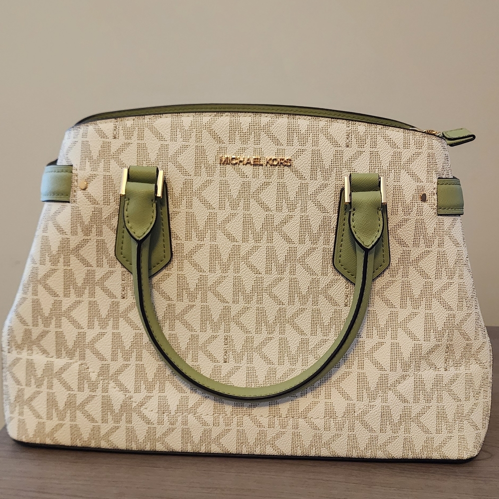 Michael Kors Signature Satchel - Cream and Green